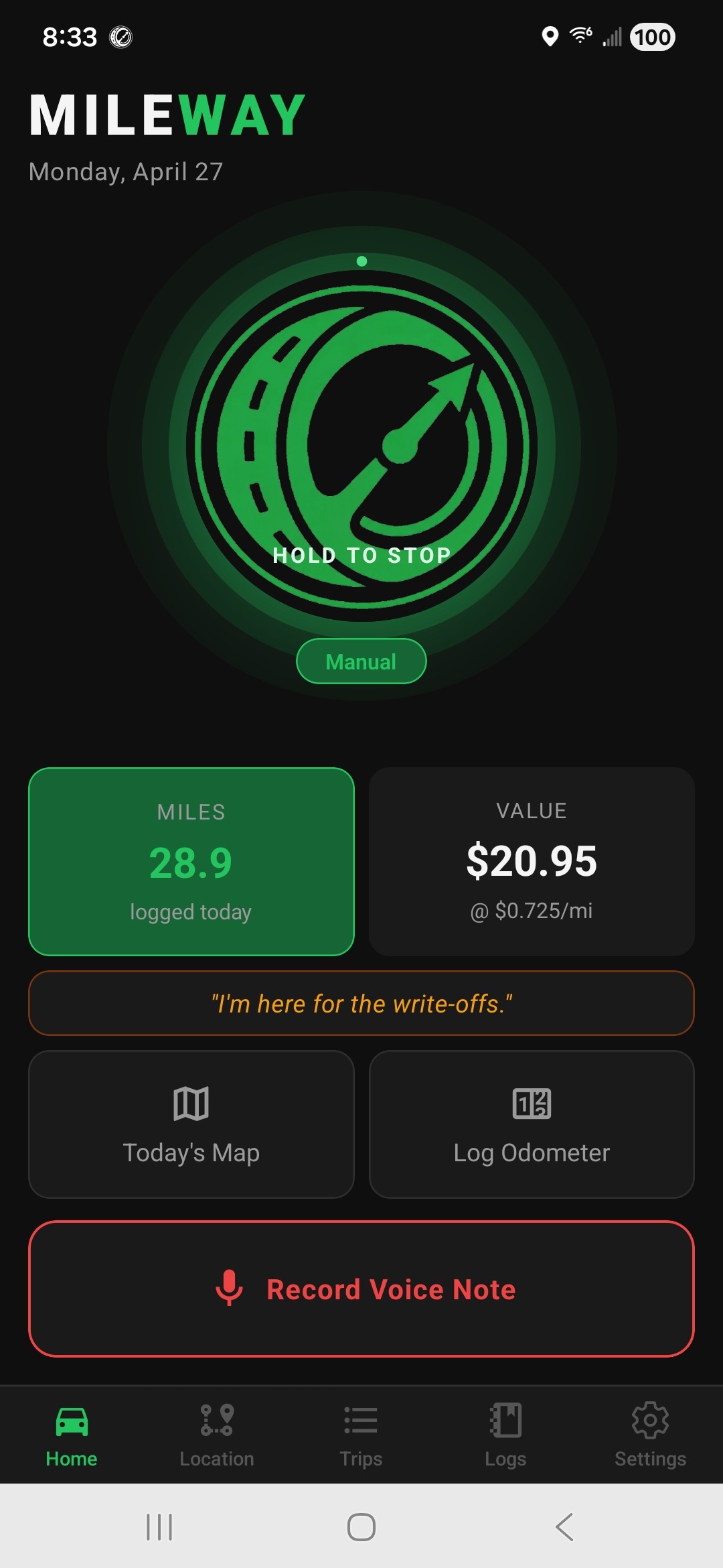 MILEWAY app — active trip tracking