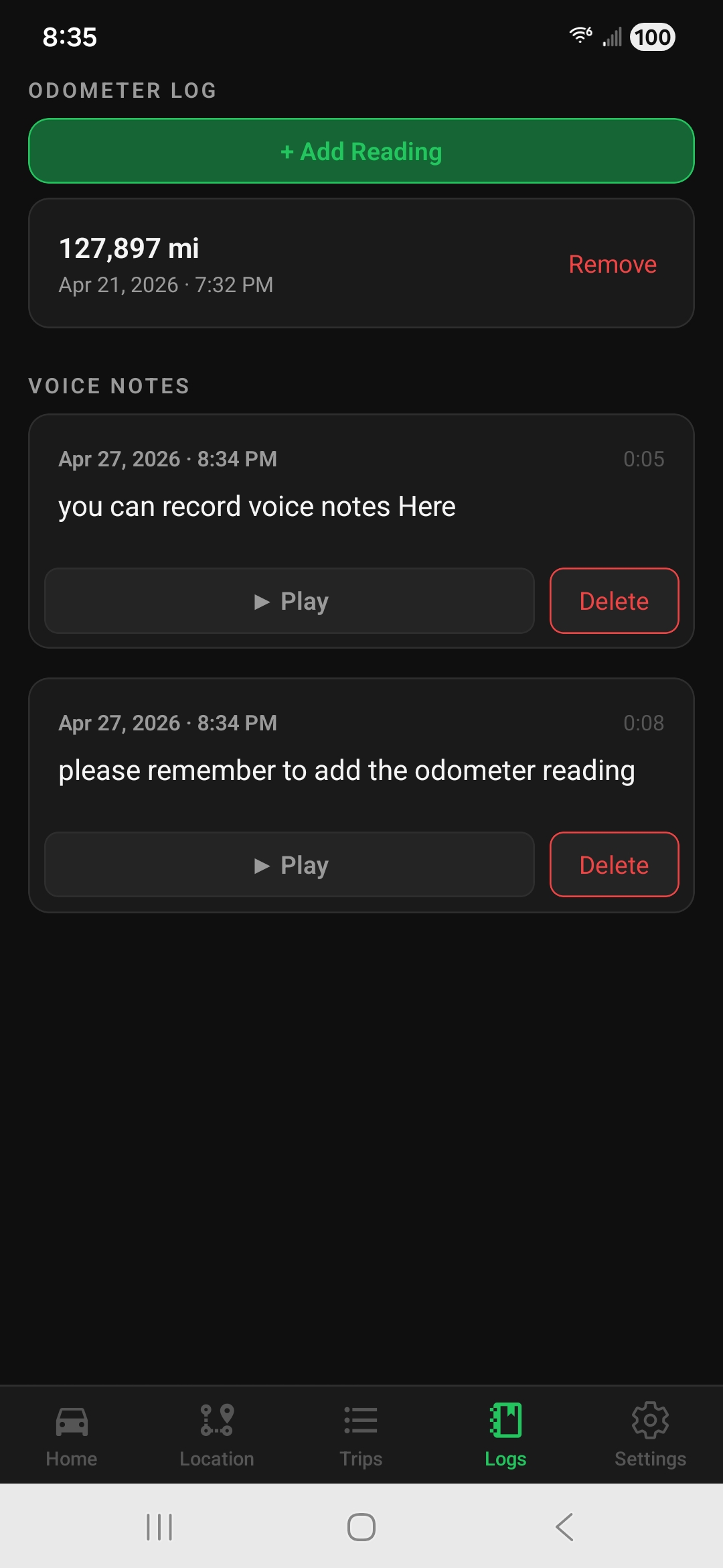 Odometer log and voice notes
