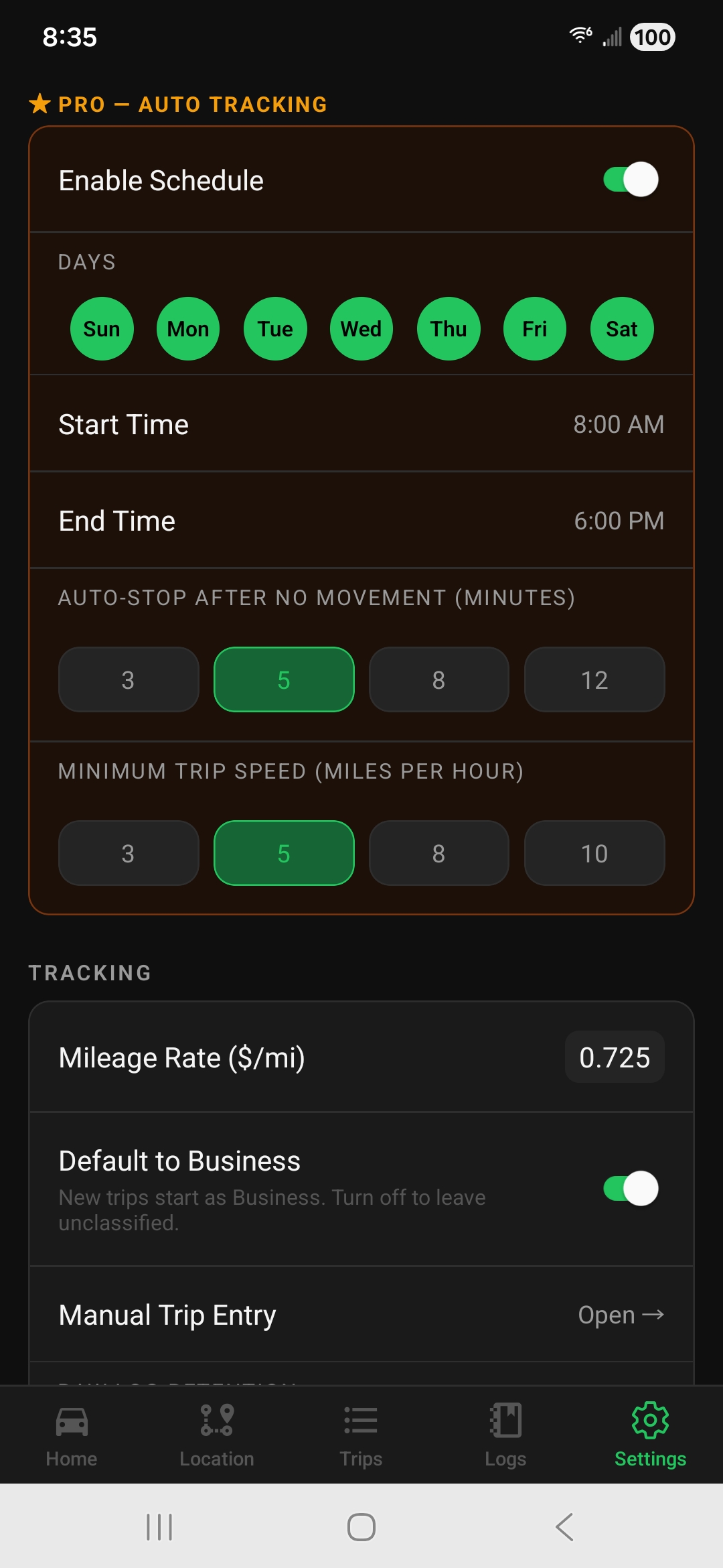 PRO schedule settings